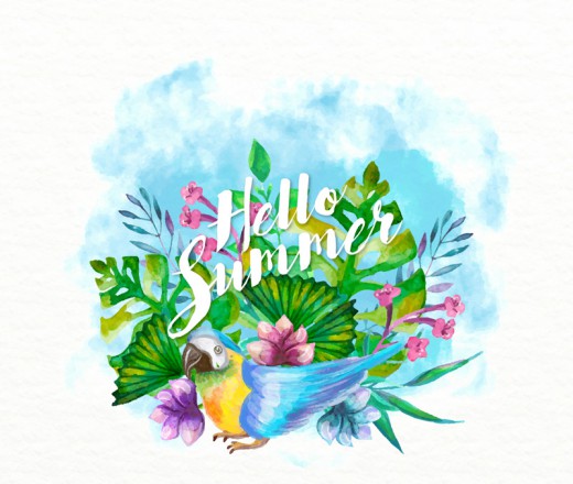 水彩绘夏季花卉和鹦鹉矢量素材16图