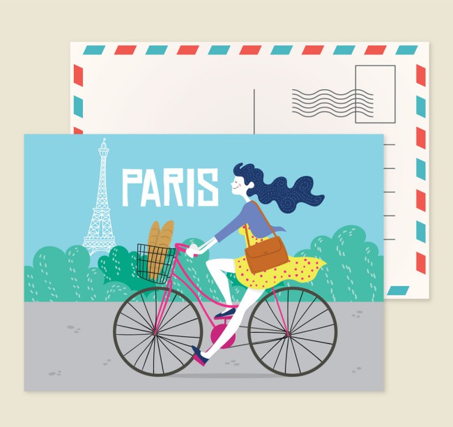 创意骑单车的女子明信片矢量图16素材网精选