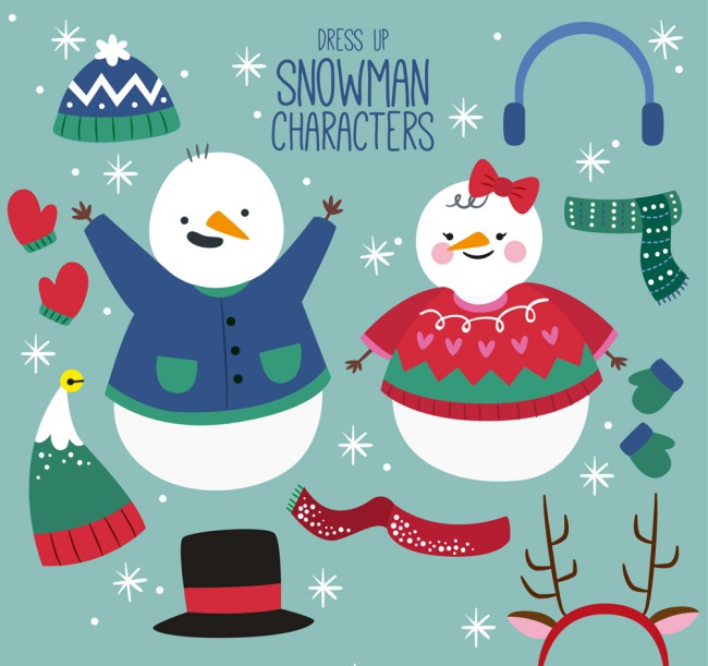 2个可爱雪人和9款装扮饰品矢量图16素材网精选