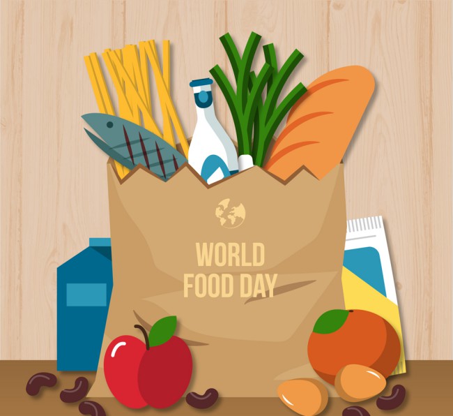 创意世界粮食日装满袋子的食物矢量图普贤居素材网精选