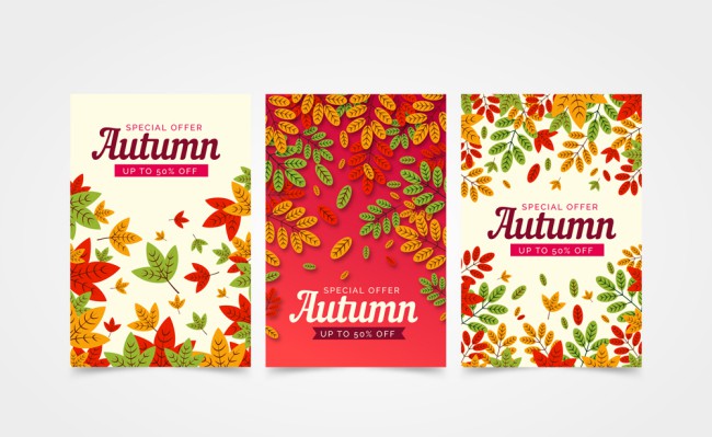 3款彩色质感秋季树叶促销卡片矢量图16素材网精选