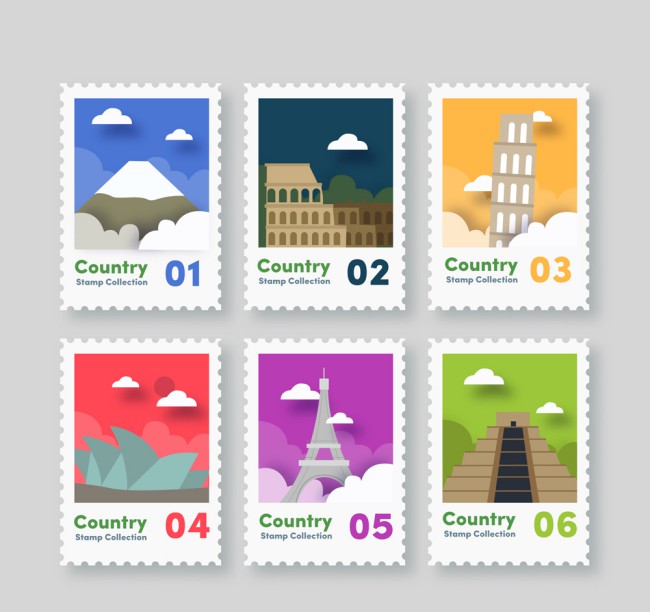 6款彩色纸质旅游城市邮票矢量图素材中国网精选