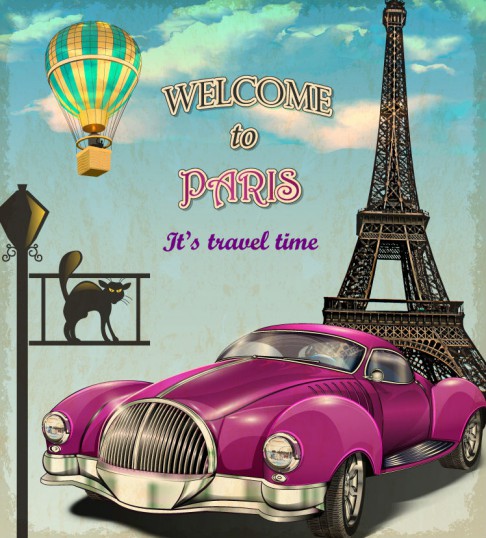 复古巴黎紫色轿车矢量素材素材天下精选
