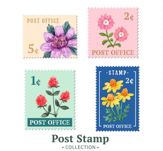 4款彩绘花卉邮票设计矢量素材16素材网精选