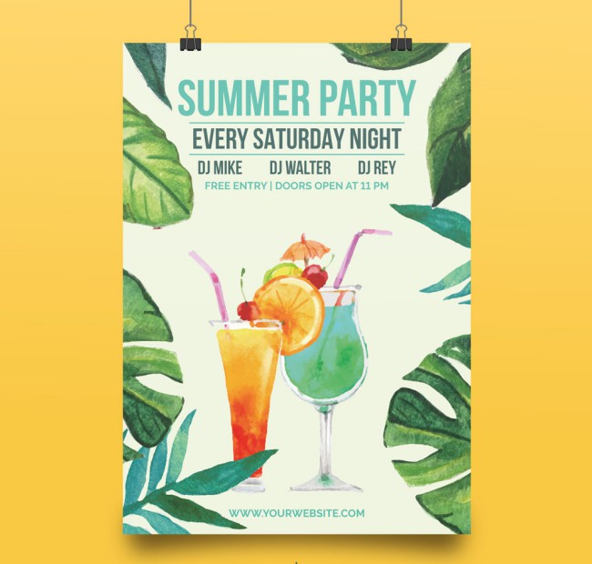 水彩绘夏季鸡尾酒派对海报矢量图16素材网精选