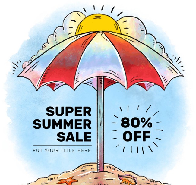 彩绘沙滩遮阳伞夏季促销海报矢量图