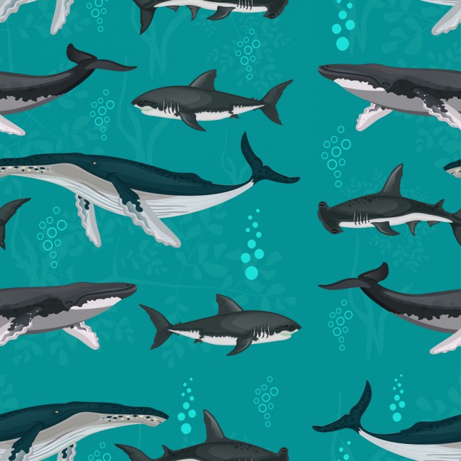 创意鲨鱼鲸鱼无缝背景矢量图16图库网精选