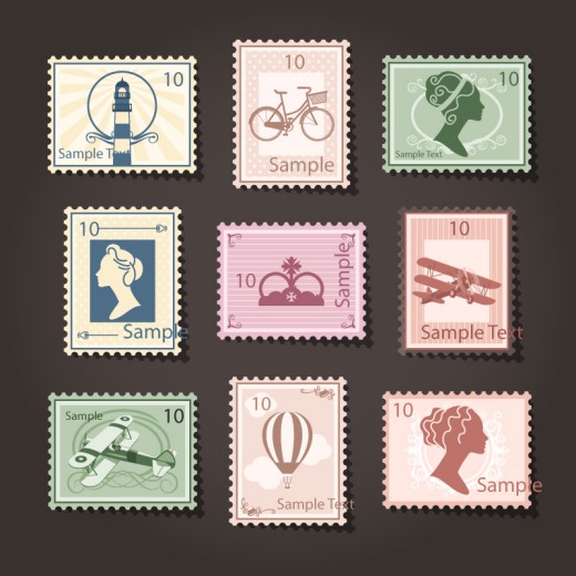 9款复古邮票设计矢量素材普贤居素