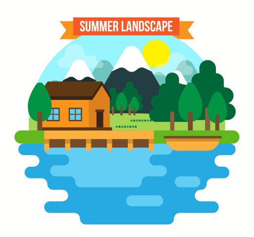 夏季度假湖边木屋风景矢量素材16设计网精选