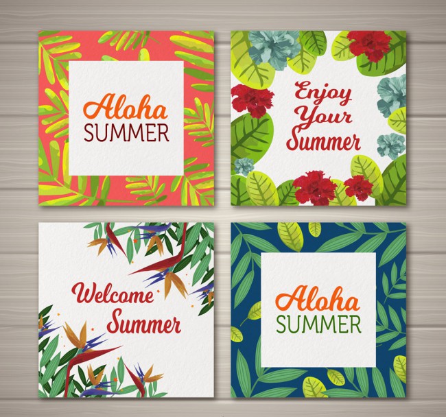 4款彩色夏威夷花卉卡片矢量素材16设计网精选
