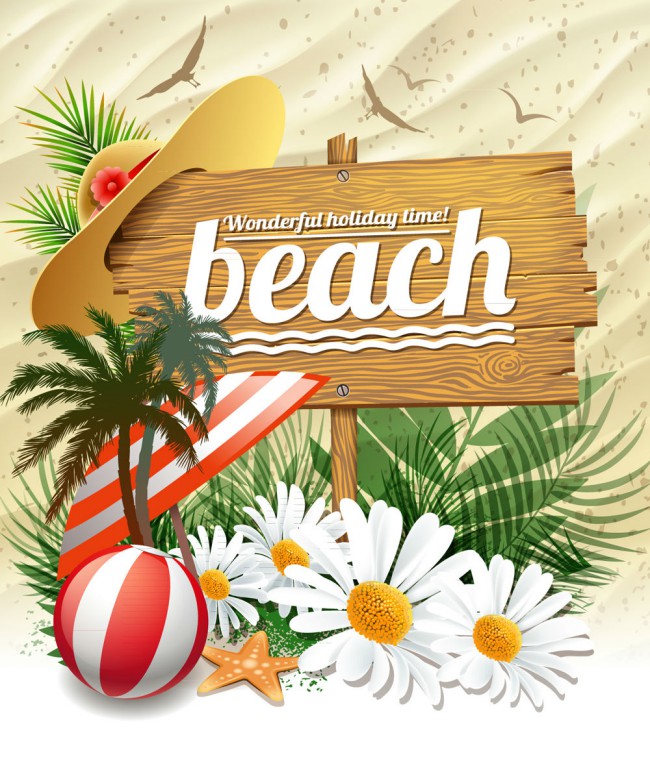 创意夏季沙滩木牌和花卉矢量图普贤居素材网精选