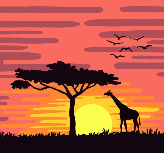 夕阳下的非洲面包树和长颈鹿矢量素材素材天下精选
