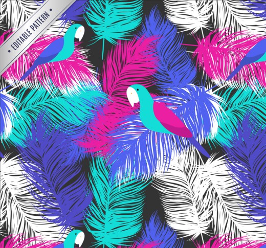 彩色羽毛和鹦鹉无缝背景矢量图普贤居素材网精选