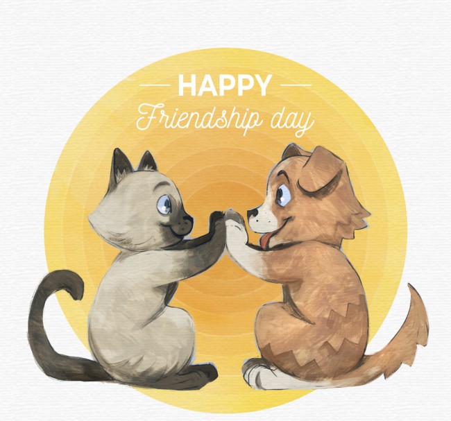 彩绘国际友谊日拍手的猫狗矢量图普