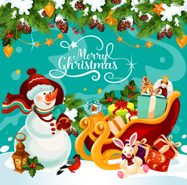 卡通圣诞节雪橇车和雪人矢量图普贤居素材网精选