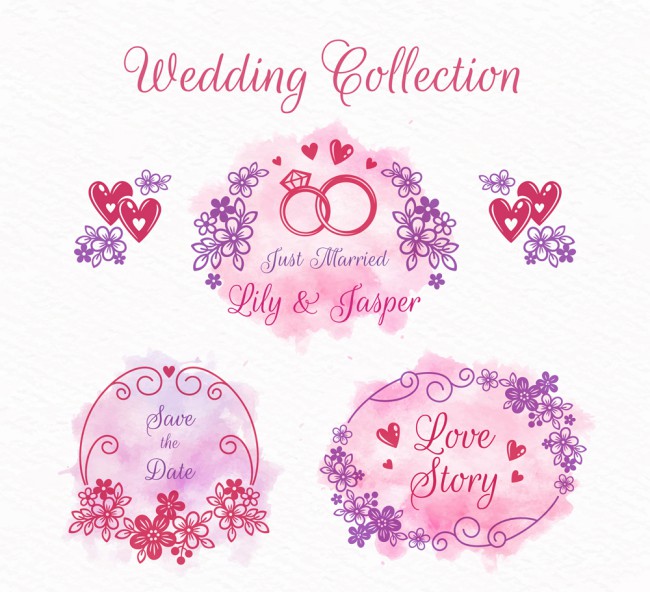 5款彩绘婚礼花卉标签矢量图16素材网精选