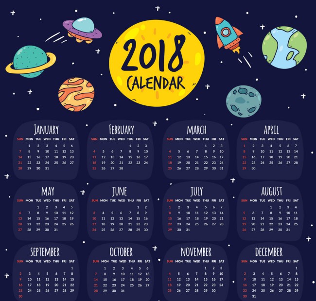 2018年彩绘宇宙元素年历矢量图16素材网精选