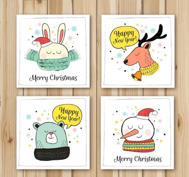 4款彩绘圣诞新年卡片矢量素材普贤居素材网精选