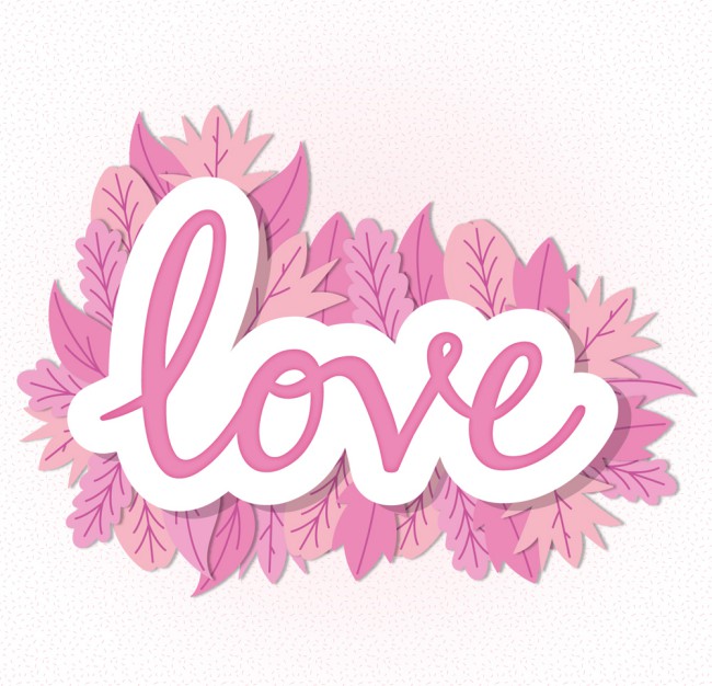 粉色树叶装饰爱的艺术字贴纸矢量图普贤居素材网精选