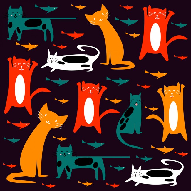 彩色猫咪和小鱼无缝背景矢量图普贤居素材网精选