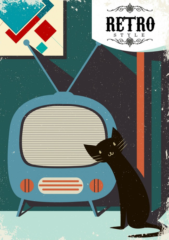 复古电视和黑色猫咪矢量素材16素材网精选