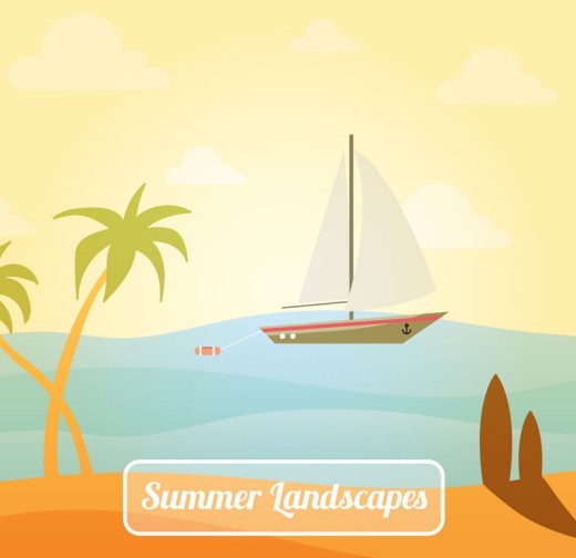 美丽夏季大海帆船和椰子树风景矢量素材普贤居素材网精选