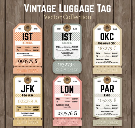 6款复古纸质行李牌设计矢量素材素