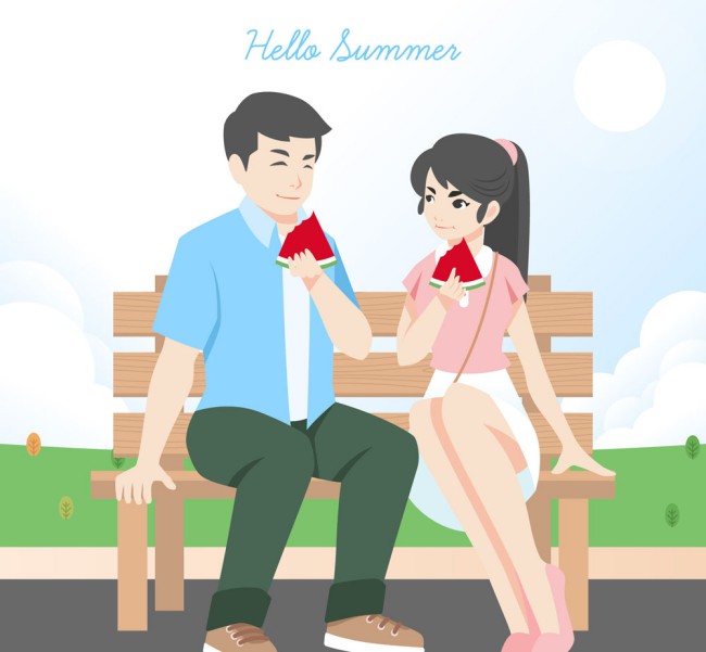 创意夏季长椅上吃西瓜的情侣矢量图素材中国网精选