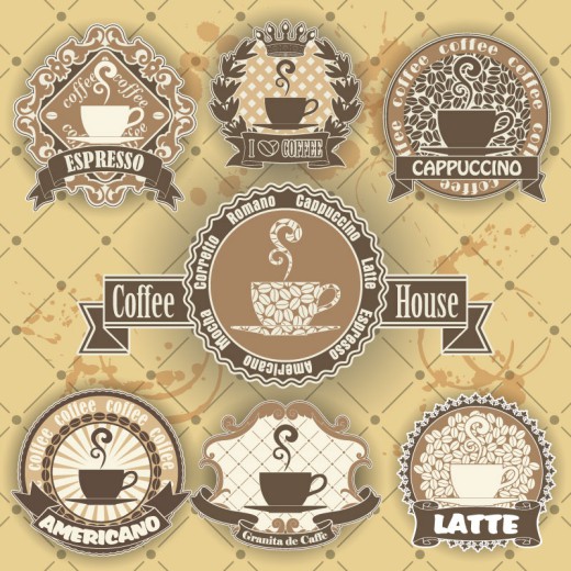 7款复古花纹咖啡屋标签矢量素材素