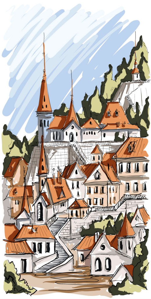 手绘欧洲城镇风景矢量素材素材天下