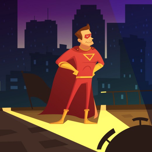 卡通超人男子设计和城市背景矢量素