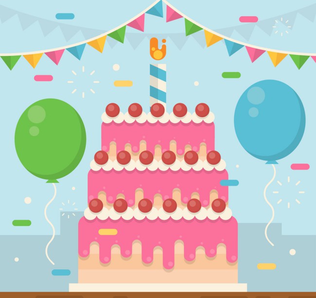 创意生日派对上的粉色生日蛋糕矢量图普贤居素材网精选