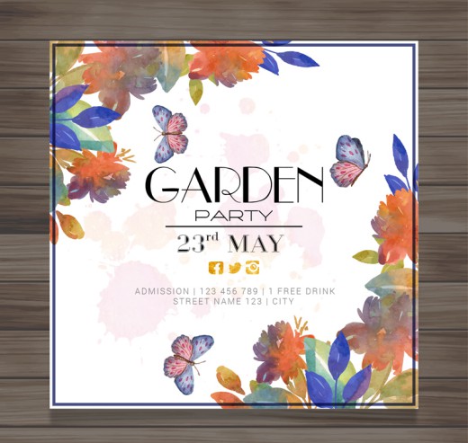 水彩花卉与蝴蝶装饰花园派对邀请卡矢量图16图库网精选