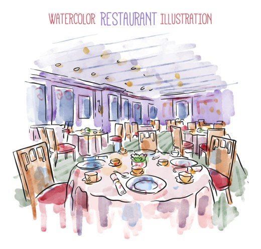 水彩绘餐厅内部图矢量素材16素材网