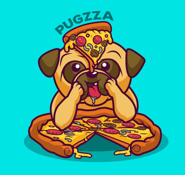 卡通吃披萨的巴哥犬矢量素材素材天下精选