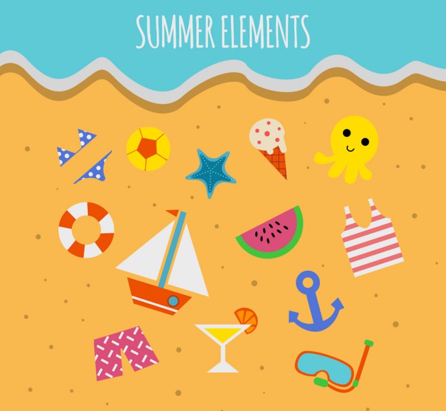 13款彩色沙滩上的夏季元素矢量图普贤居素材网精选