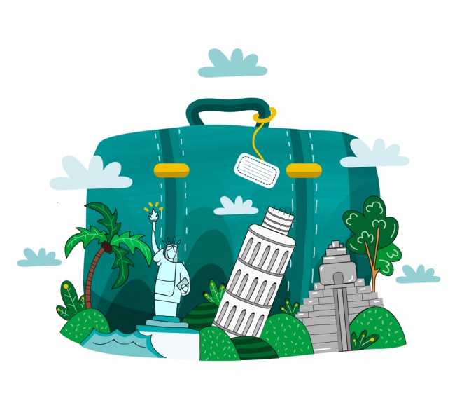 创意绿色旅行箱和景点矢量图普贤居素材网精选