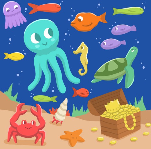 卡通海底世界动物和宝藏插画矢量图