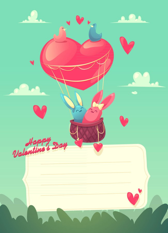 可爱热气球兔子情侣装饰信纸矢量图普贤居素材网精选