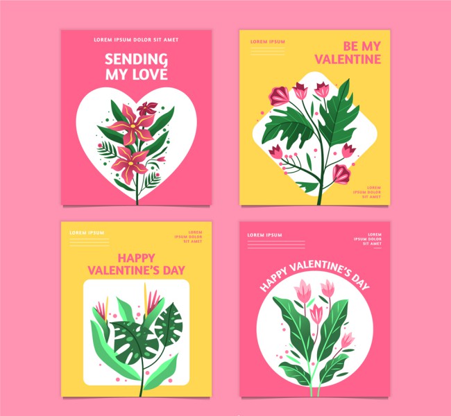 4款创意情人节花卉卡片矢量素材素材天下精选