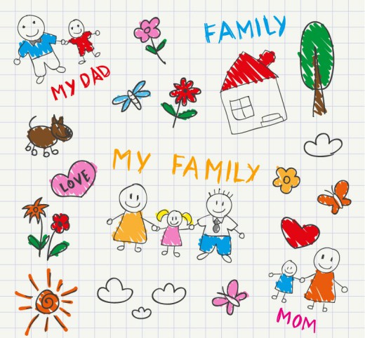儿童手绘风格家庭插画矢量素材素材