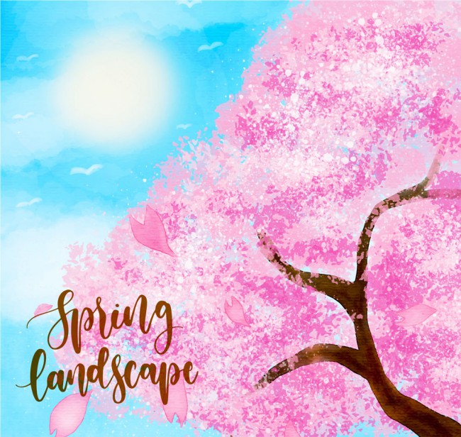 彩绘春季樱花树矢量素材16素材网精选