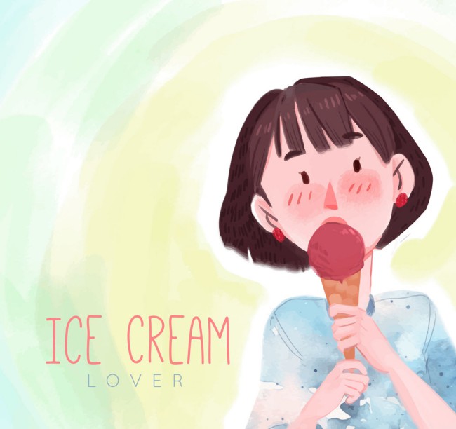 彩绘夏季吃冰淇淋的女子矢量素材普贤居素材网精选