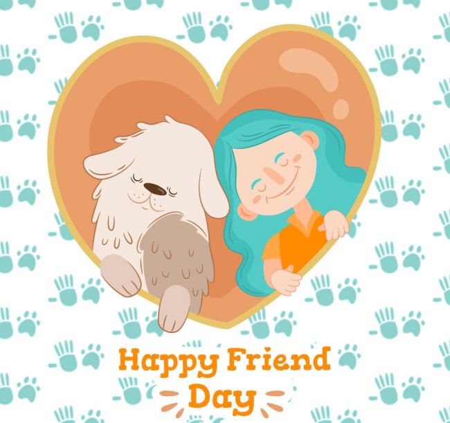 彩绘蓝发女孩和宠物狗友谊日矢量素