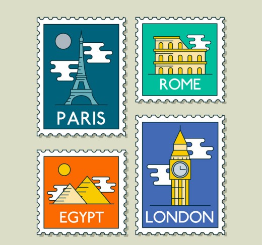 4款创意世界旅行邮票矢量素材普贤居素材网精选