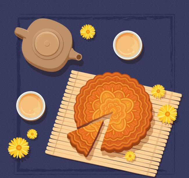 美味中秋节茶和切开的月饼矢量图16