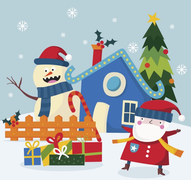 可爱冬季圣诞老人和雪人礼物矢量图素材中国网精选
