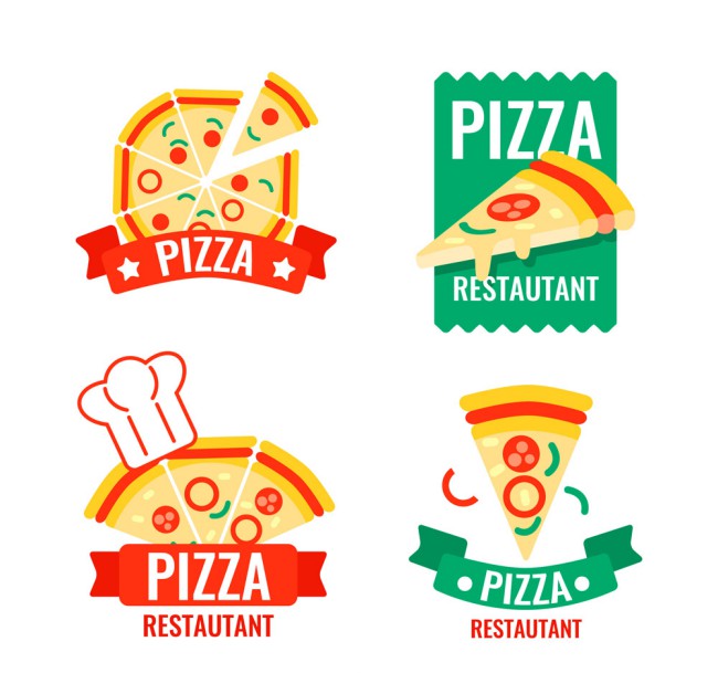 4款彩色披萨标签设计矢量素材素材