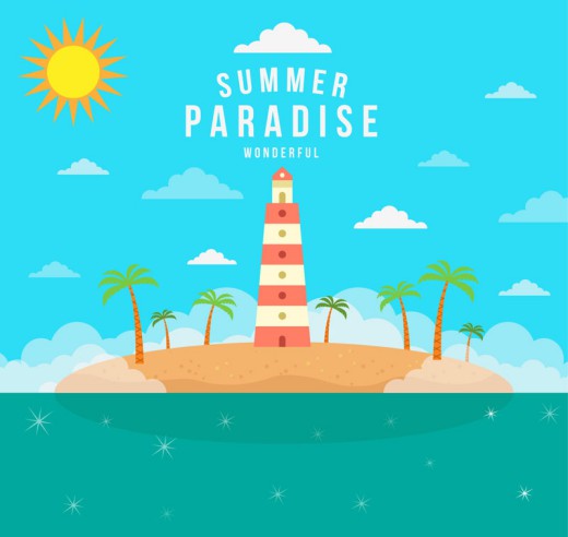 夏季度假天堂灯塔和椰子树插画矢量