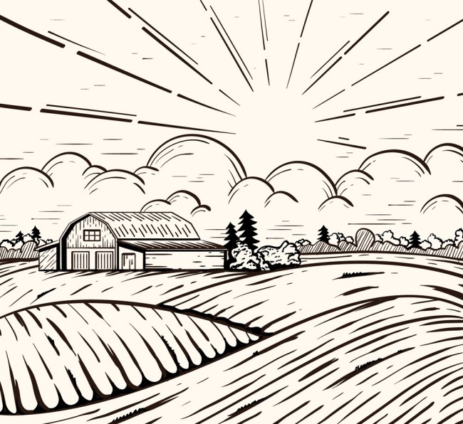 手绘阳光下的农场风景矢量图16素材网精选